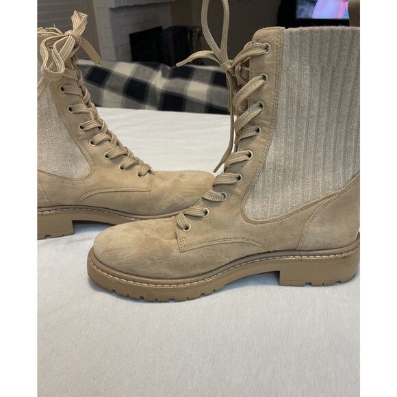 Sam Edelman beige tan Lydell Mix Media Rib Knit Lace Up Boots Size 6 - Picture 1 of 7